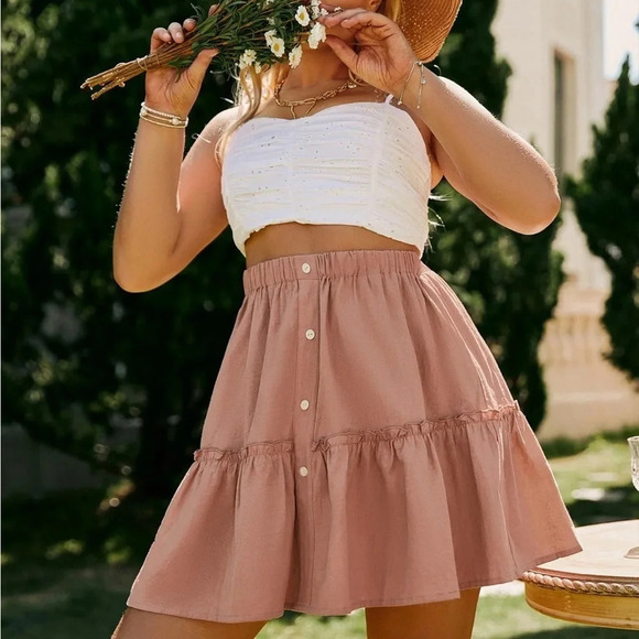 Simplee Plus | Pink Elastic Waist Pleated Ruffle A-Line Mini Skirt - Picture 3 of 11